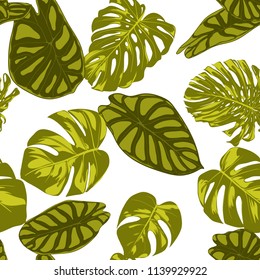 Tropical Leaves. Seamless Pattern with Hand Drawn Leaves of Monstera and Alocasia. Exotic Rapport for Textile, Fabric. Vector Seamless Background with Tropic Plants. Jungle Foliage. Watercolor Effect.