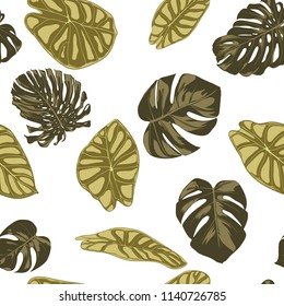 Tropical Leaves. Seamless Pattern with Hand Drawn Leaves of Monstera and Alocasia. Exotic Rapport for Textile, Fabric. Vector Seamless Background with Tropic Plants. Jungle Foliage. Watercolor Effect.