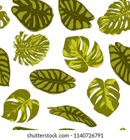 Tropical Leaves. Seamless Pattern with Hand Drawn Leaves of Monstera and Alocasia. Exotic Rapport for Textile, Fabric. Vector Seamless Background with Tropic Plants. Jungle Foliage. Watercolor Effect.