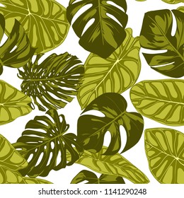 Tropical Leaves. Seamless Pattern with Hand Drawn Leaves of Monstera and Alocasia. Exotic Rapport for Textile, Fabric. Vector Seamless Background with Tropic Plants. Jungle Foliage. Watercolor Effect.