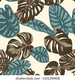Tropical Leaves. Seamless Pattern with Hand Drawn Leaves of Monstera and Alocasia. Exotic Rapport for Textile, Fabric. Vector Seamless Background with Tropic Plants. Jungle Foliage. Watercolor Effect.