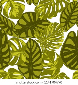 Tropical Leaves. Seamless Pattern with Hand Drawn Leaves of Monstera and Alocasia. Exotic Rapport for Textile, Fabric. Vector Seamless Background with Tropic Plants. Jungle Foliage. Watercolor Effect.