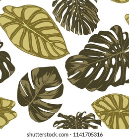 Tropical Leaves. Seamless Pattern with Hand Drawn Leaves of Monstera and Alocasia. Exotic Rapport for Textile, Fabric. Vector Seamless Background with Tropic Plants. Jungle Foliage. Watercolor Effect.
