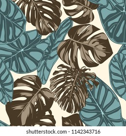 Tropical Leaves. Seamless Pattern with Hand Drawn Leaves of Monstera and Alocasia. Exotic Rapport for Textile, Fabric. Vector Seamless Background with Tropic Plants. Jungle Foliage. Watercolor Effect.