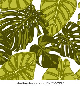 Tropical Leaves. Seamless Pattern with Hand Drawn Leaves of Monstera and Alocasia. Exotic Rapport for Textile, Fabric. Vector Seamless Background with Tropic Plants. Jungle Foliage. Watercolor Effect.
