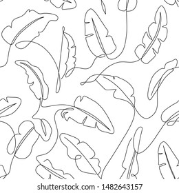 Tropical leaves seamless pattern. Hand drawn outline banana leaf background. Modern line art, aesthetic contour. Vector illustration, black and white design    