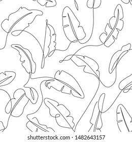 Tropical Leaves Seamless Pattern. Hand Drawn Outline Banana Leaf Background. Modern Line Art, Aesthetic Contour. Vector Illustration, Black And White Design    