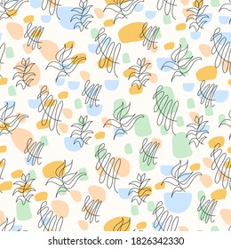 Tropical leaves seamless pattern. Hand drawn outline leaf background. Modern line art, aesthetic contour. Vector illustration, black and white design