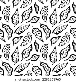 Tropical leaves seamless pattern. Hand drawn vector botanical background. Brush drawn jungle plants, exotic leaves wallpaper. Foliage organic background. Botanical design for print and wallpaper.