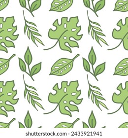 Tropical leaves seamless pattern. Hand drawn doodles isolated on white background. Colored vector design in cartoon style for fabric, scrapbooking or packaging.