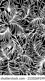 Tropical leaves seamless pattern, Illustrated in white lines on black background. 