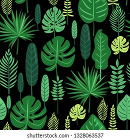 Tropical leaves seamless pattern. Jungle style. Vector illustration for textile, postcard, fabric, wrapping paper, background, packaging.