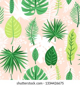 Tropical leaves seamless pattern. Jungle style. Vector illustration for textile, postcard, fabric, wrapping paper, background, packaging.