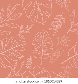 Tropical leaves seamless pattern. Jungle leaves. Colorful exotic background. Flowers poster. Botanical pattern. Wallpaper on web wall and print. line art summer color background. 