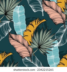 Tropical leaves seamless pattern. Jungle vector floral pattern background. Modern plants for design and textile.