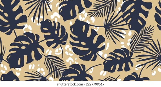 Tropical leaves seamless pattern. Leopard spots. Botanical background. Sun-scorched leaves. Vector pattern for printing on fabric and paper. 