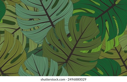 Tropical Leaves Seamless Pattern Line Art Style. Floral Pattern with Green Leaves for Wedding, Anniversary, Birthday and Party. Floral Modern Abstract Print Design. Vector EPS 10	