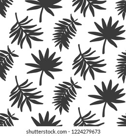 Tropical Leaves seamless pattern, modern hand drawn nature foliage. Summer Hawaii jungle exotic plants, textile print, clothes, wallpaper, wrapping paper. Black and white. Trendy surface design.
