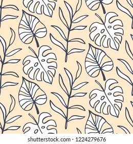 Tropical Leaves seamless pattern, modern hand drawn nature foliage. Summer Hawaii jungle exotic plants, textile print, clothes, wallpaper, wrapping paper. Trendy surface design.