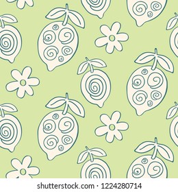 Tropical Leaves seamless pattern, modern hand drawn lemons. Summer textile print, clothes, wallpaper, wrapping paper. Trendy surface design.