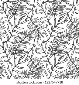 Tropical Leaves seamless pattern, modern hand drawn nature foliage. Summer Hawaii jungle exotic plants, textile print, clothes, wallpaper, wrapping paper. Black and white. Trendy surface design.
