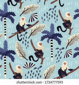 Tropical leaves seamless pattern with monkey. Summer vector background