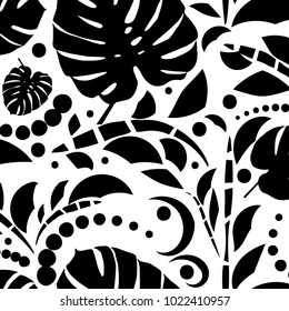 Tropical leaves seamless pattern. Monstera leaves. Black and white. Vector illustration. Eps 10