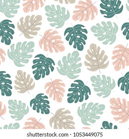 Tropical leaves seamless pattern. Monstera leaves in tender colors background. Vector illustration