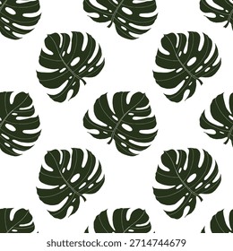 Tropical leaves seamless pattern with monstera leaf. Vector hand drawn print for fabric, textile, wallpapers in dark green color on transparent background.