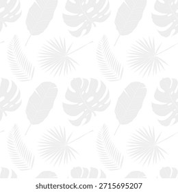 Tropical leaves seamless pattern with monstera palm and banana leaf. Vector hand drawn print for fabric, textile, wallpapers in color of year 2026 Cloud dancer. Transparent background.