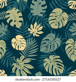 Folhas tropicais padrão sem costura com folhas Monstera, folhas de palma. design para tecido, envoltório, têxtil, papel de parede. Ilustração de vetor