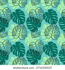Tropische Blätter nahtloses Muster. Monstera geht.
Design für Stoff, Verpackung, Textil, Tapete. Vektorgrafik