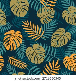 Tropical leaves seamless pattern with Monstera leaves, Palm leaves. design for fabric, wrapping, textile, wallpaper. Vector Illustration