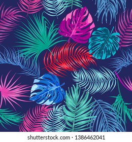 Hojas tropicales sin fisuras, impresión multicolor brillante para textiles, tela, papel pintado, rayado, envoltura.Fondo vectorial.
