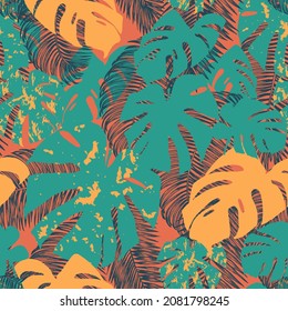 Tropical leaves seamless pattern. Nature hand-drawn in ink. Colorful leaves of monstera and palm tree.