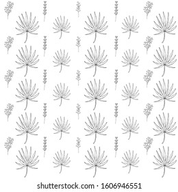 tropical leaves seamless pattern on white background. Fan palm leaf vector and lavender with elderberry branch