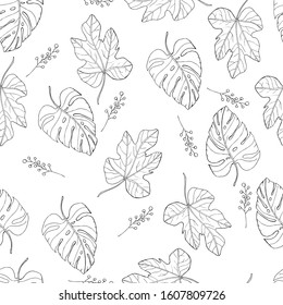 tropical leaves seamless pattern on white background. Monstera leaf vector and fig leaf with elderberry branch