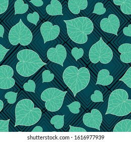 Tropical leaves seamless pattern on rhombus geometric background