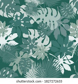 Tropical leaves seamless pattern on green background. Monstera and palm leaves botanical pattern. Vector background for wrapping paper and digital paper design.