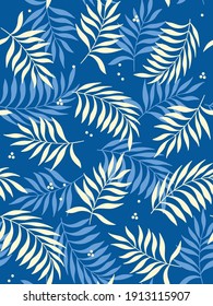 Tropical leaves seamless pattern on dark blue background. Vector illustration.