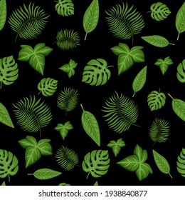Tropical Leaves Seamless Pattern on black background. Spring season  leaves illustration.