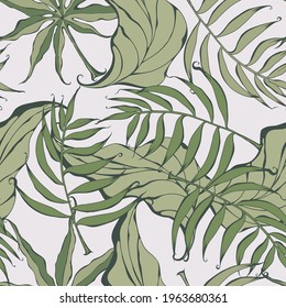 Tropical leaves seamless pattern on a light background.