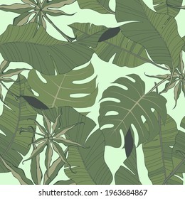 Tropical leaves seamless pattern on a light background.