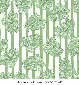 Tropical leaves seamless pattern on stripes background. Monstera leaves wallpaper. Summer tropic foliage backdrop. Design for fabric, textile print, wrapping paper. Vector illustration