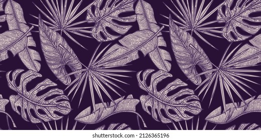 Tropische Blätter nahtloses Muster auf violettem Hintergrund. Vintage Blätter exotisch im Gravierstil. Handgezeichnete Wiederholtextur für Gewebe, Tapeten, Textilien, Druck, Packpapier. Vektorgrafik.