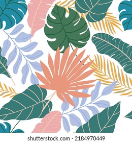 Tropical leaves seamless pattern on white background. Pastel colors. Hand drawn illustration.