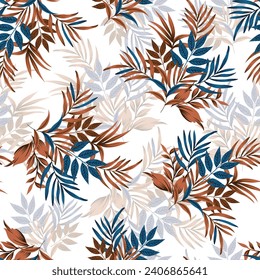 Tropical leaves seamless pattern on white background