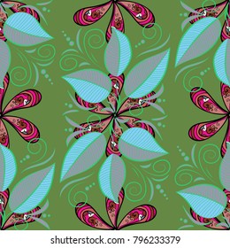 Tropical leaves seamless pattern on painted background. Vector. Hand paint swimwear pattern. Watercolor green, pink and blues leaves of exotic plant tree. Artistic modern style illustration.