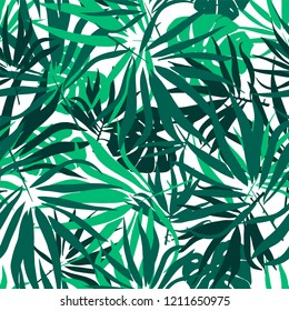Tropical leaves. Seamless pattern with palm tree leaf and monstera leaves . Vector  texture.