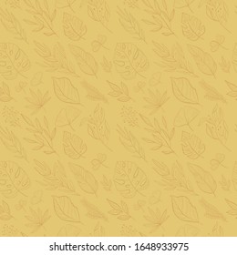 Tropical leaves seamless pattern. Palm, fan palm, monstera, banana leaves in line style. Sketches of tropical leaves for design.